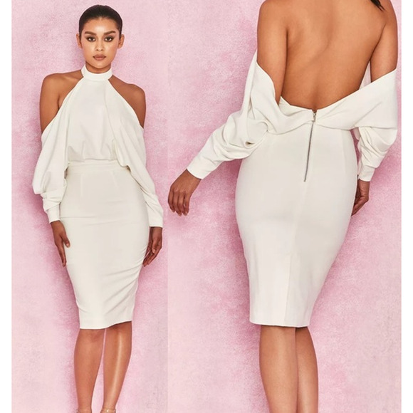 House of CB Camora Draped Cold ShoulderKnee Length Bodycon Dress White  Medium